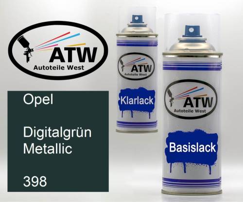 Opel, Digitalgrün Metallic, 398: 400ml Sprühdose + 400ml Klarlack - Set, von ATW Autoteile West.